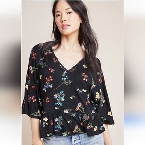 Anthropologie Women's Black Lace Trim Floral Embroidery Top Medium 3/4 Sleeve